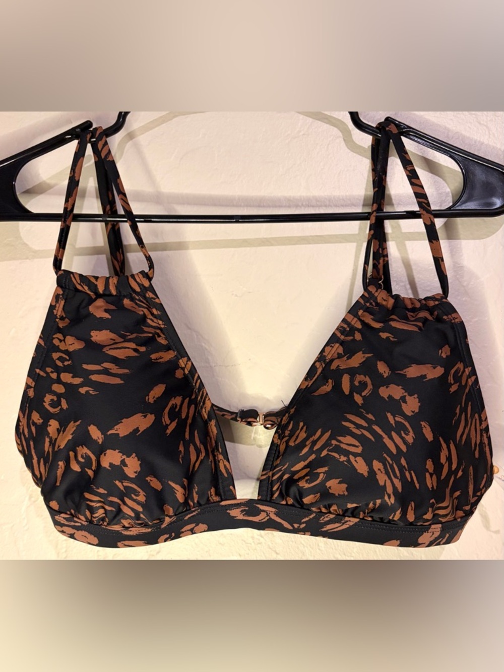 Shade & Shore Black Brown Animal Print Bikini Top Size L Adjustable Straps